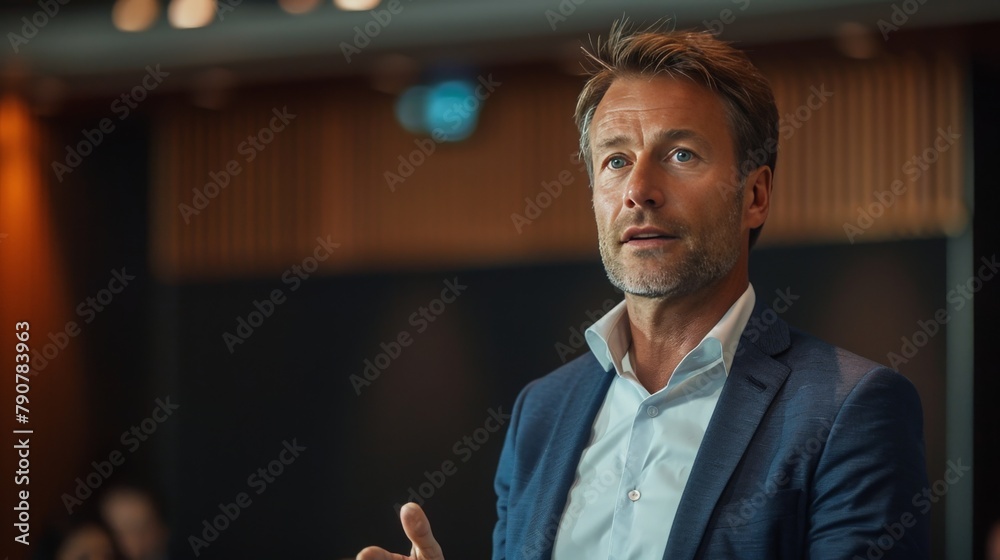 Confident businessman delivering a keynote speech at a corporate event.