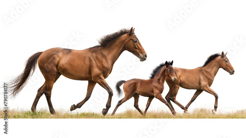 Three brown horses galloping in sequence on a white background with grass at the base.