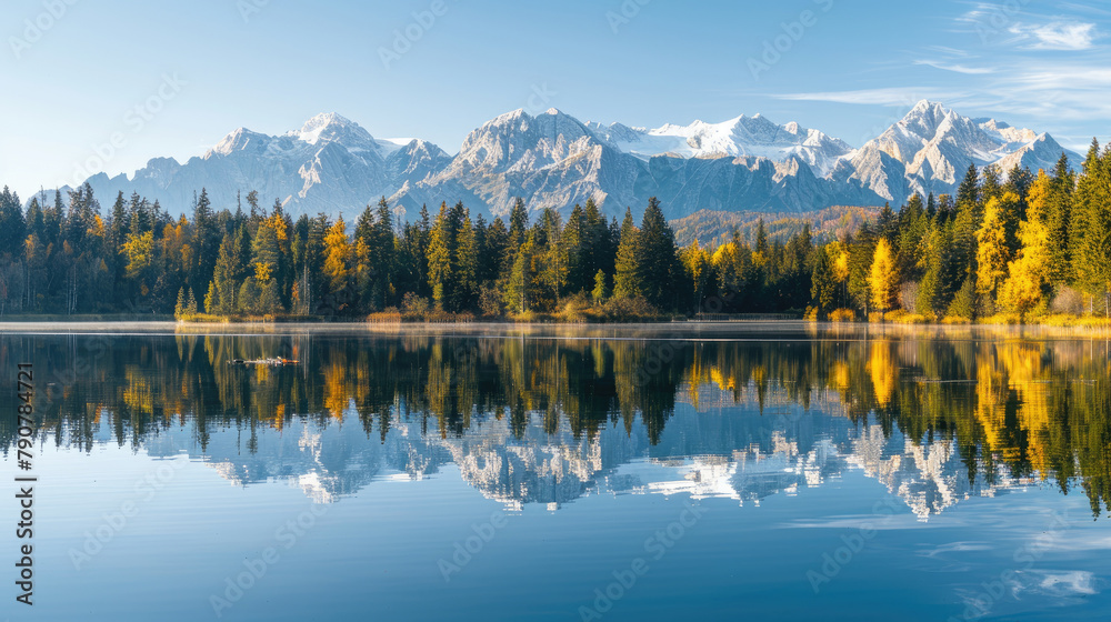 Majestic mountain peaks are reflected in the calm lake, surrounded by dense forests and the blue sky in a peaceful autumn at dawn