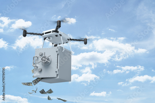 3d rendering of white drone carrying open bank safe with dollars falling out on blue sky background