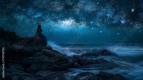 Silhouette of mermaid sitting on a rock, singing under the twinkling stars