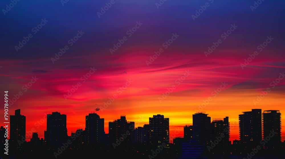 Sunset Silhouette with cityscape against the warm hues of a setting sun, with buildings outlined against the colorful sky