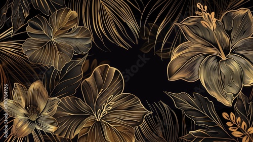 Luxury gold floral line art wallpaper modern, tropical leaf and gold style for textiles, wall art, fabric, wedding invitations, and cover designs. photo