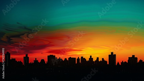 Sunset Silhouette with cityscape against the warm hues of a setting sun  with buildings outlined against the colorful sky