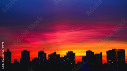 Sunset Silhouette with cityscape against the warm hues of a setting sun  with buildings outlined against the colorful sky