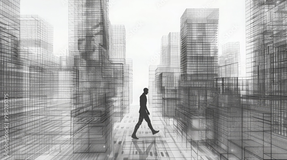 Silhouette of a person walking in the black and white 
city skyscrapers