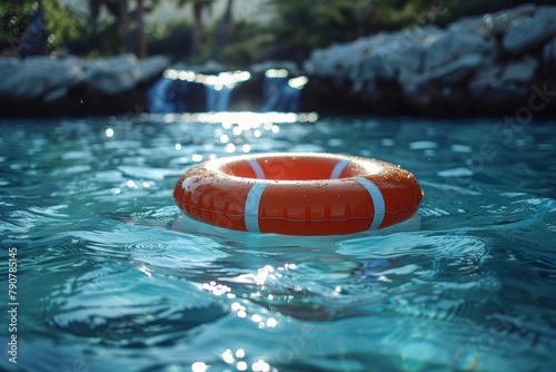Bright orange lifebuoy on shimmering pool water under the sunlight, symbolizing leisure and safety in a domestic summertime setting