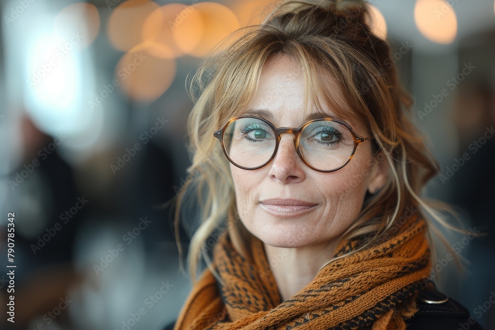 A mature woman with trendy round glasses focusing on something in the distance, her expression pensive A mature woman with trendy round glasses focusing on something in the distance, her expression pensive