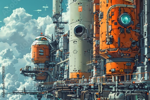 Illustrate a detailed close-up view of a dystopian landscape filled with futuristic machinery, incorporating pixel art techniques to convey a sense of both wonder and desolation