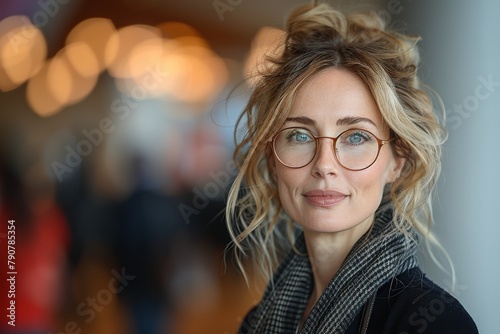 Casual yet fashionable woman with tousled hair and glasses gives a friendly look towards the camera photo