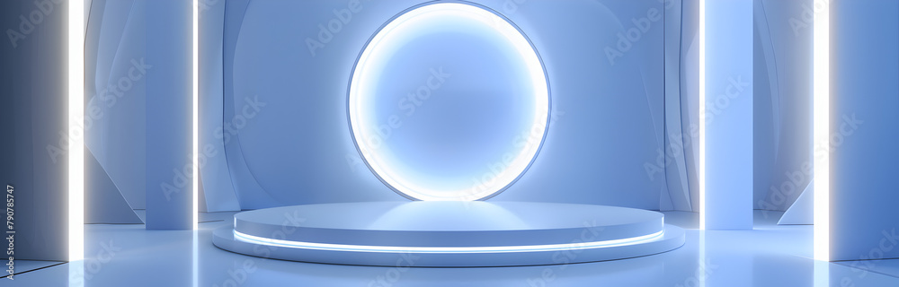 Modern Circular Light Stage Installation in a Futuristic Interior with Blue Neon Lights

