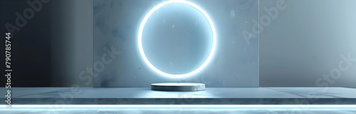 Modern Circular Light Stage Installation in a Futuristic Interior with Blue Neon Lights

