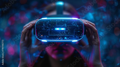 The hand of a VR controller is held high up by a 3D video gamer as he grips a virtual reality gamepad. A VR joystick controller is held in the hand of the VR gamer. VR, AR concept. photo