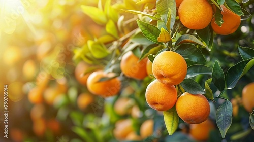 Bunch of fresh ripe oranges hanging on a tree