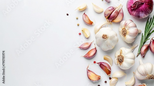 Garlic and Onion on white background with copy space  top view