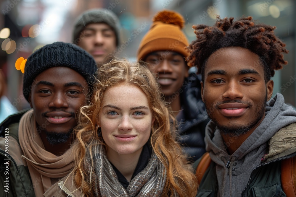 Energetic young friends huddle together for a photo on a city street, showcasing a positive urban gathering
