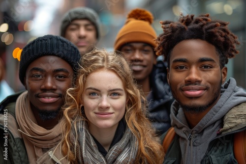Energetic young friends huddle together for a photo on a city street, showcasing a positive urban gathering © Larisa AI