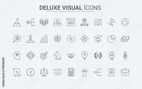 Outline company structure and organization symbols, law and rocket launch, financial growth and trends. Business mission, vision and strategy thin black and red line icons set vector illustration.
