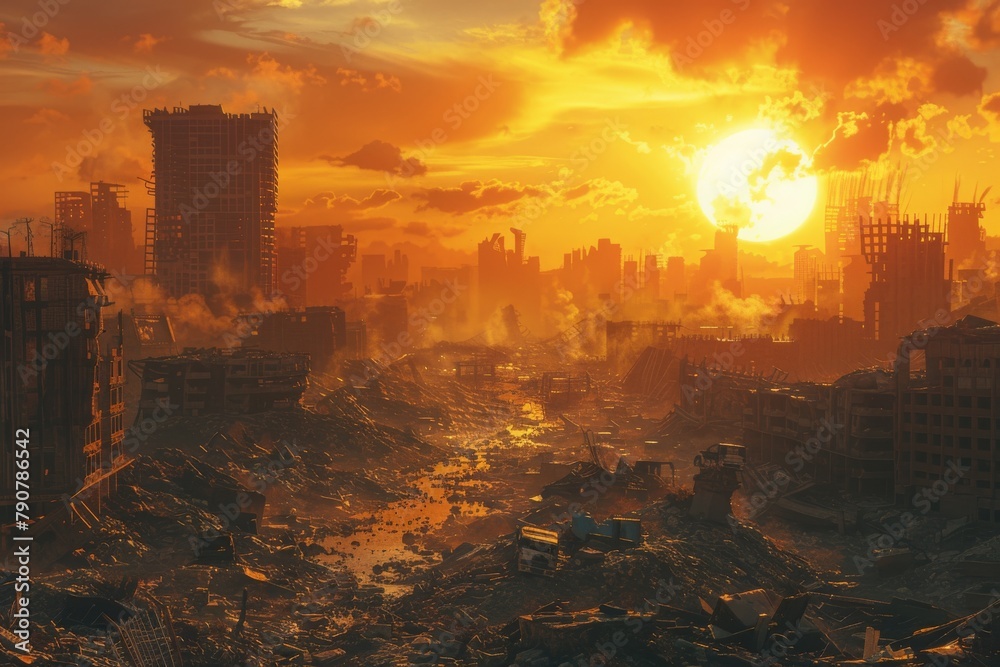 A dystopian city under a fading orange sun, with marigold despair, dirt brown ruins, and a stubborn beryl blue hope. A canvas of survival and decay. A dystopian city under a fading orange sun, with marigold despair, dirt brown ruins, and a stubborn beryl blue hope. A canvas of survival and decay.