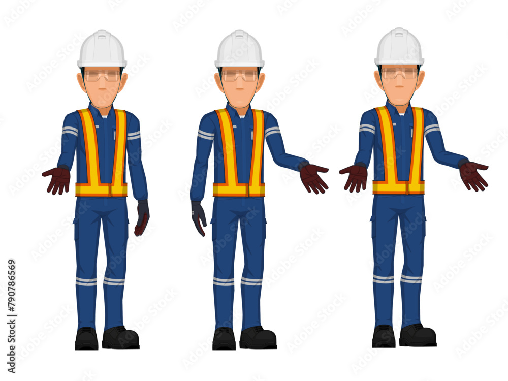 set of worker in the postion of presenting something on white background set of worker in the postion of presenting something on white background