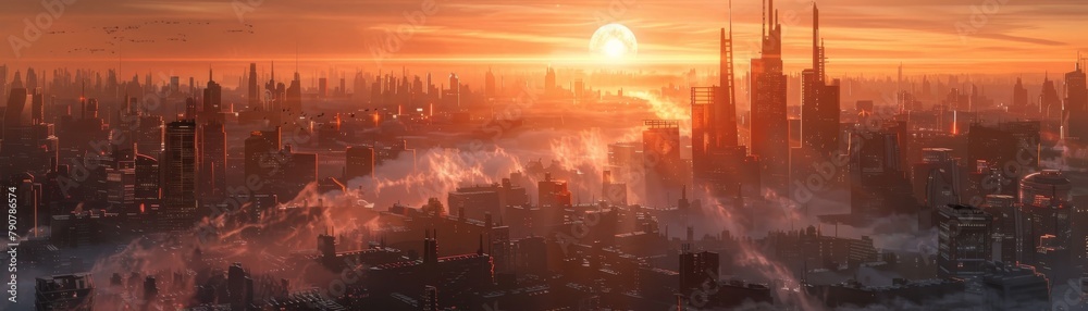 A dystopian city shrouded in October mist, with blurred horizons of sand and a skyline in haunting orange and black. A futuristic canvas of chaos beckons for exploration.