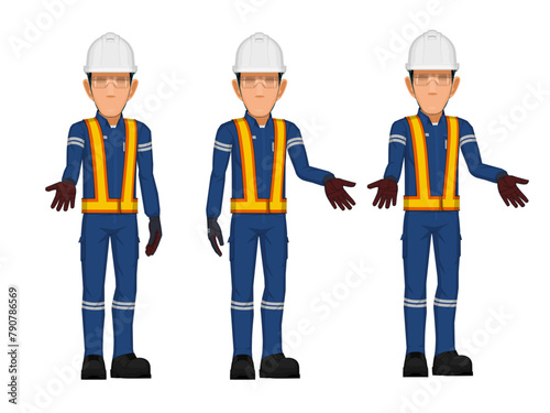 set of worker in the postion of presenting something on white background
