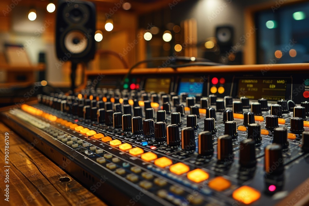 Focus on a sophisticated sound mixing console in a music studio used for music production and editing