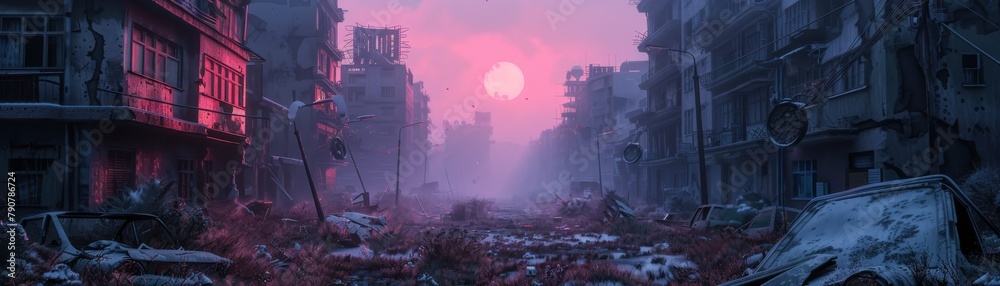 Obraz premium Journey through a surreal apocalyptic dystopia eerie remnants of futuristic cities under a surreal sky of electric pink, azure, and powder blue hues.