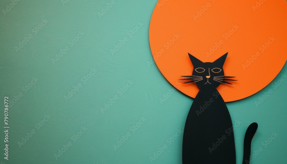 Obraz premium A minimalist cut out of a slacker kitty in front of a teal and tangerine abstract background, following the rule of thirds.