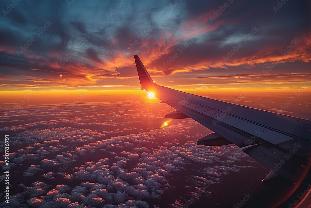 A serene sunset scene with cloudscape captured from an airplane, the wing cutting through a majestic orange sky A serene sunset scene with cloudscape captured from an airplane, the wing cutting through a majestic orange sky