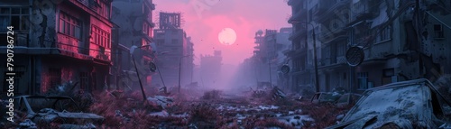 Journey through a surreal apocalyptic dystopia eerie remnants of futuristic cities under a surreal sky of electric pink, azure, and powder blue hues.