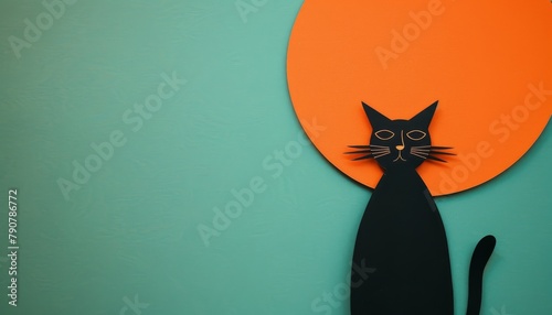 A minimalist cut out of a slacker kitty in front of a teal and tangerine abstract background, following the rule of thirds. photo