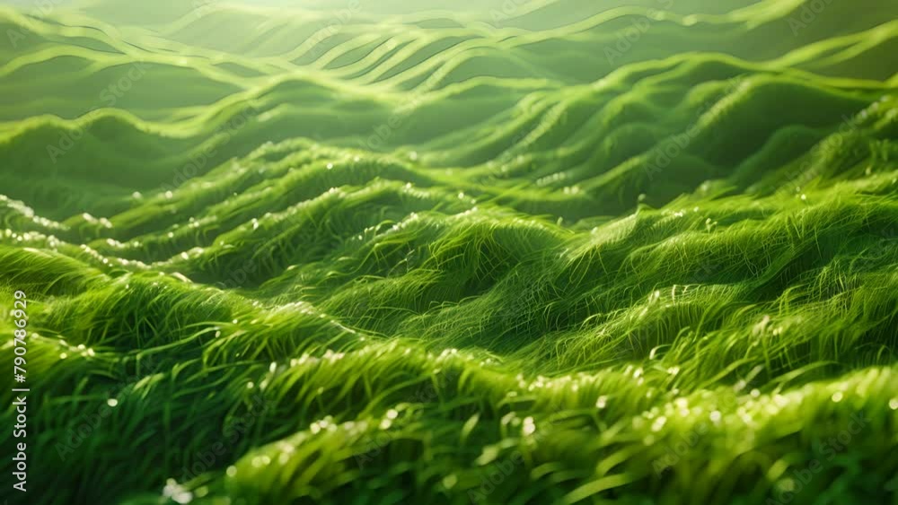 Create a 3D rendering of a rolling green hill covered in grass, lit by a single ray of sunlight. Create a 3D rendering of a rolling green hill covered in grass, lit by a single ray of sunlight.