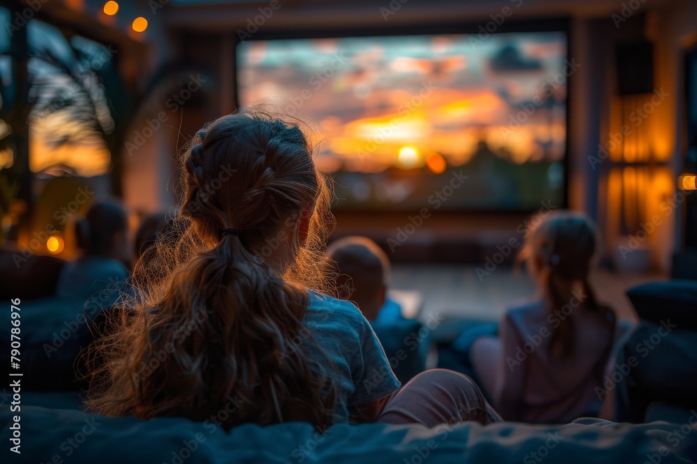 Cozy family setting as they watch a sunset on screen, conveying warmth and togetherness Cozy family setting as they watch a sunset on screen, conveying warmth and togetherness