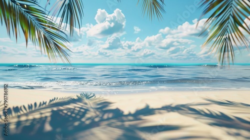 A natural summer beach backdrop with palm tree shadow for showcasing products. Abstract 3D summer scene with a view of the sea.