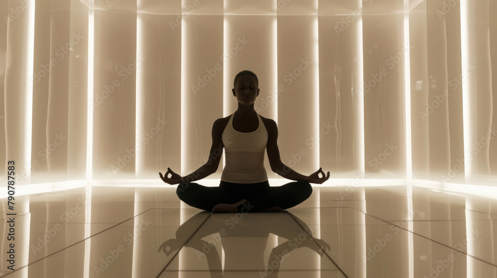 A woman in a white tank top is practicing yoga in a room
