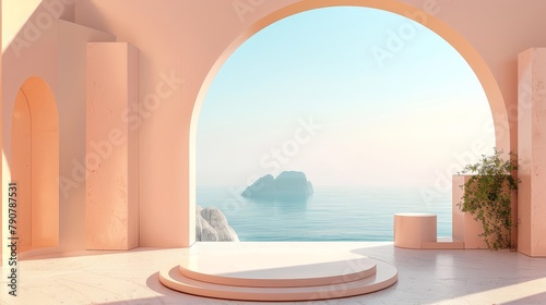 A geometrical scene in natural daylight with an arch and podium. A minimalist landscape background. A sea view. Summer scene in 3D.
