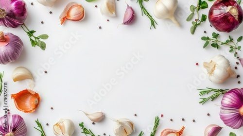 Border of artificial Garlic and Onion on white background with empty space, top view