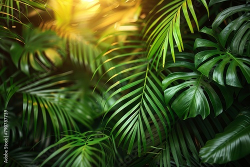 Dense, vibrant greenery of tropical plants with sunlight filtering through the leaves emphasizing their lush texture