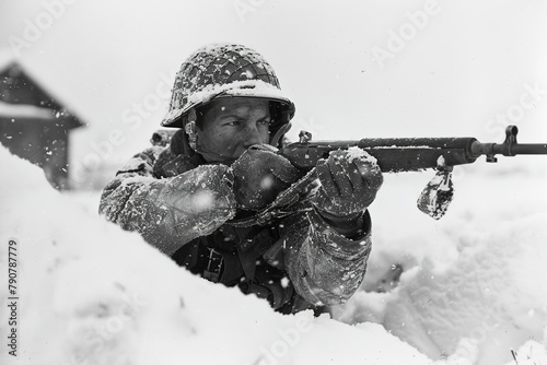 canadian soldier trudges through knee deep snow photo