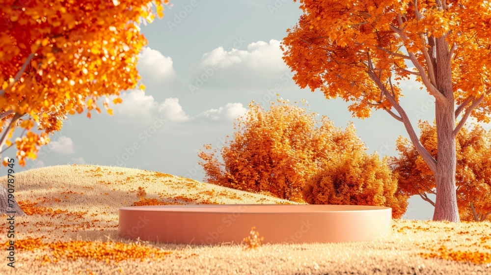 Obraz premium Animated 3D rendering of fall landscape with podium for displaying products.