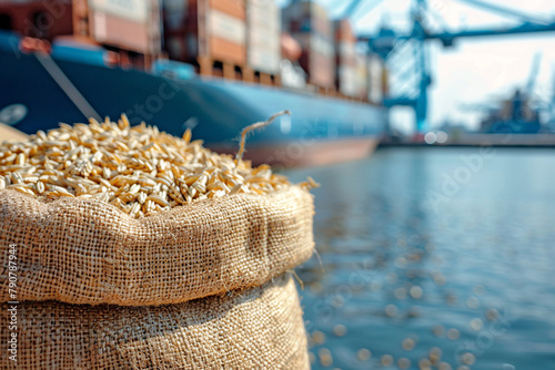 Photo of sack of grain standing on the shore of port. Close-up photo. Ship is visible on the background. Concept of food delivery by sea photo