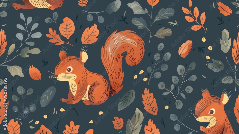 Modern hand drawn squirrel pattern in the forest. Seamless pattern.