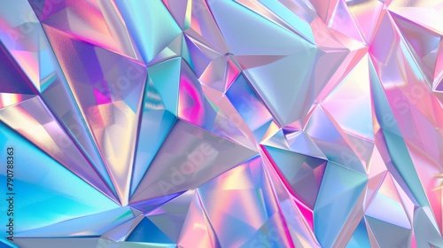 Crystal background with iridescent texture and faceted gem in a geometric abstract shape. 3D render.