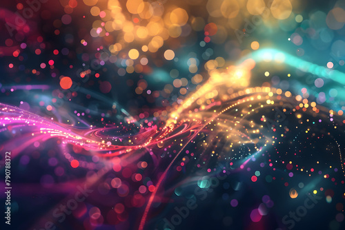 Dynamic neon galaxy with shimmering lights and dazzling colors. Abstract art on black background.