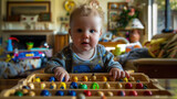 A baby is engaged with a colorful wooden bead board, pushing and sliding beads along the wires