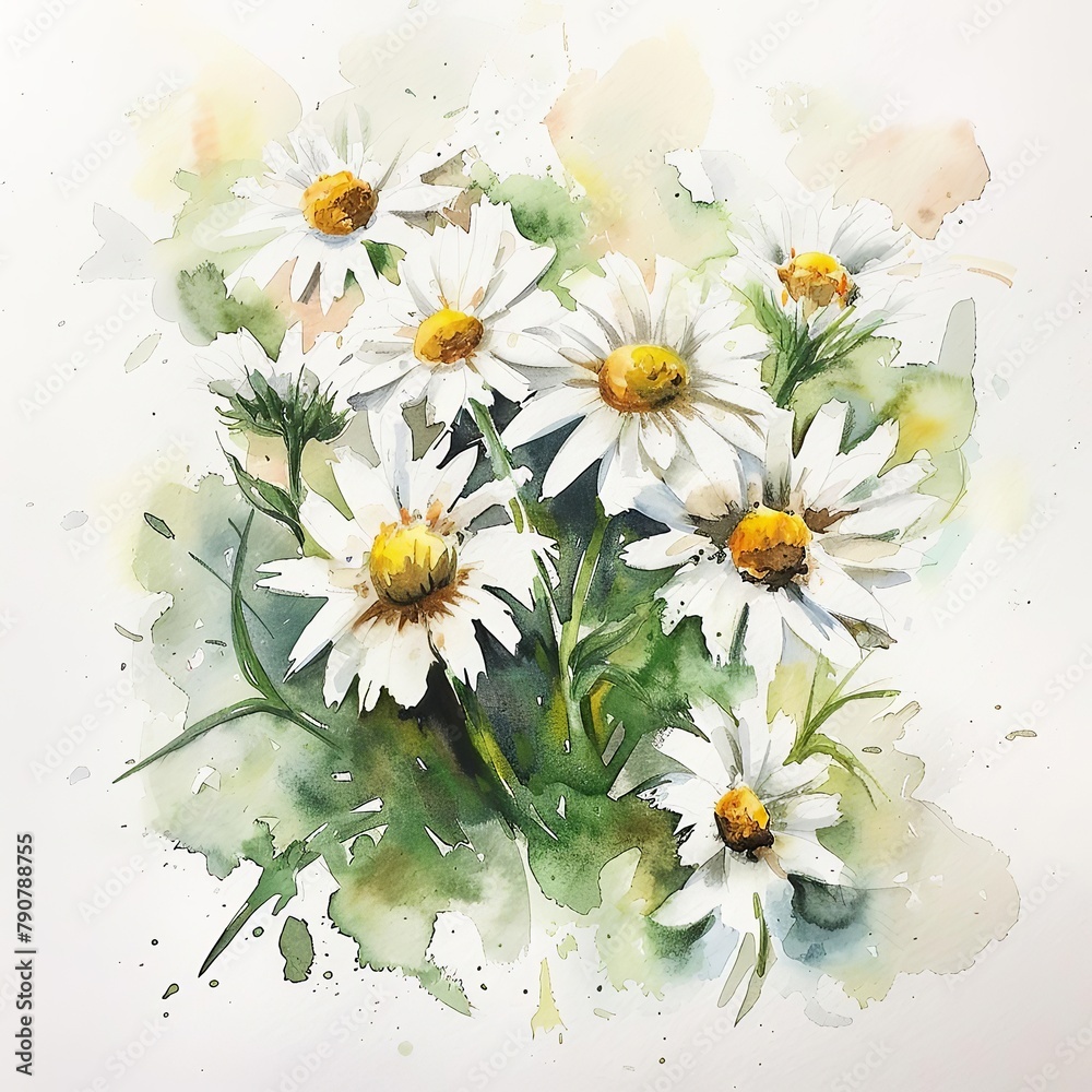 Obraz premium Light watercolor strokes forming a cluster of daisies, simple whites and greens creating a fresh and airy composition on a white canvas