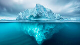 Pollution of the oceans, white iceberg floats in the ocean with a view underwater, Tip of the iceberg, Half underwater, Hidden Danger  Global Warming Concept