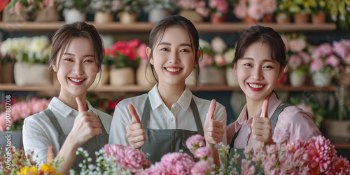 Group of women giving thumbs up in front of flowers