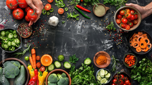 A table filled with a diverse selection of fresh vegetables in various colors, shapes, and sizes, creating a vibrant display of nutrition and taste photo